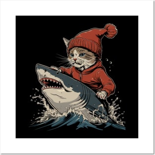 Cat Riding Shark Underwater Safari Posters and Art